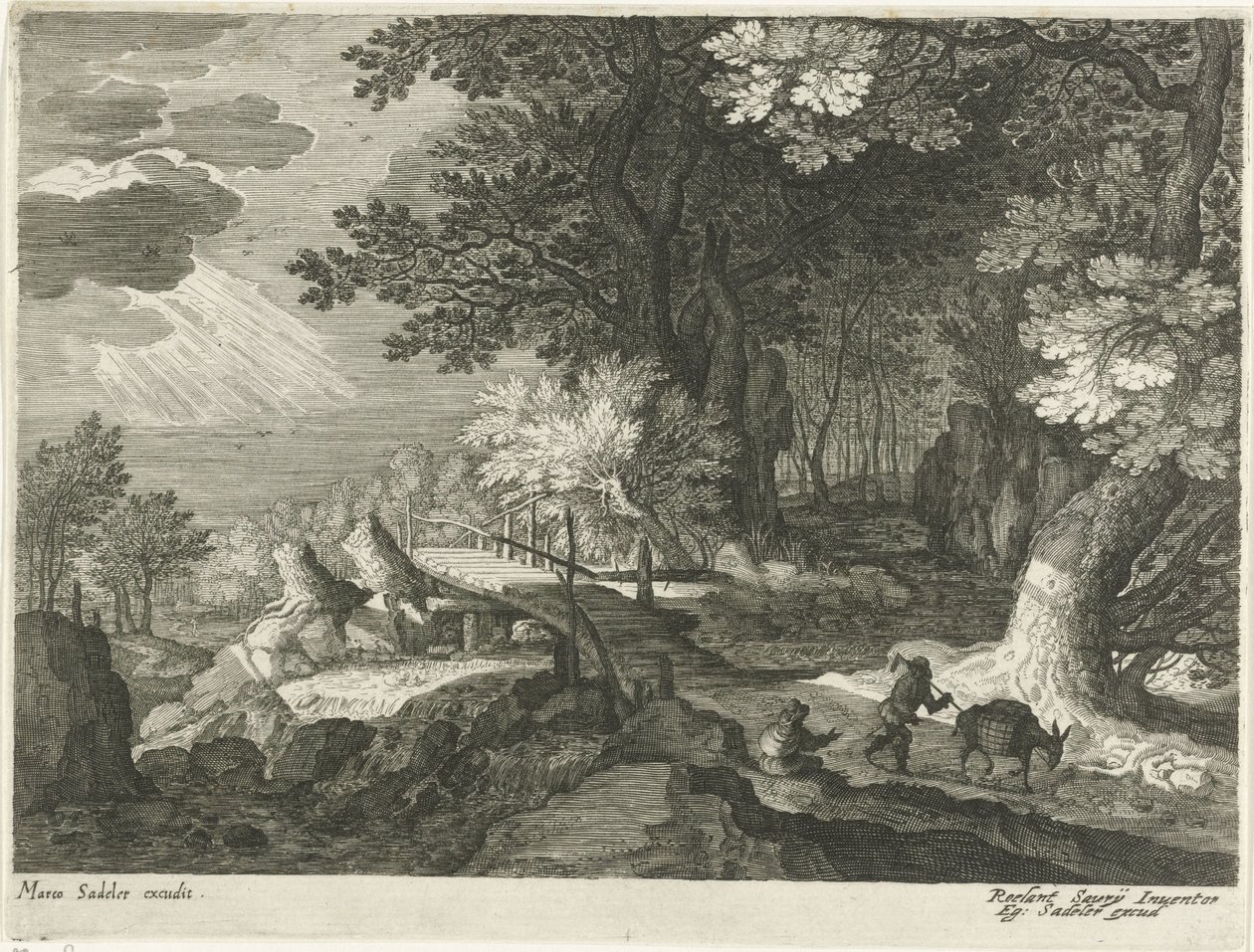 Wooden Bridge in a Forest Landscape (series: Landscapes from Tyrol) by Egidius  Sadeler (II)