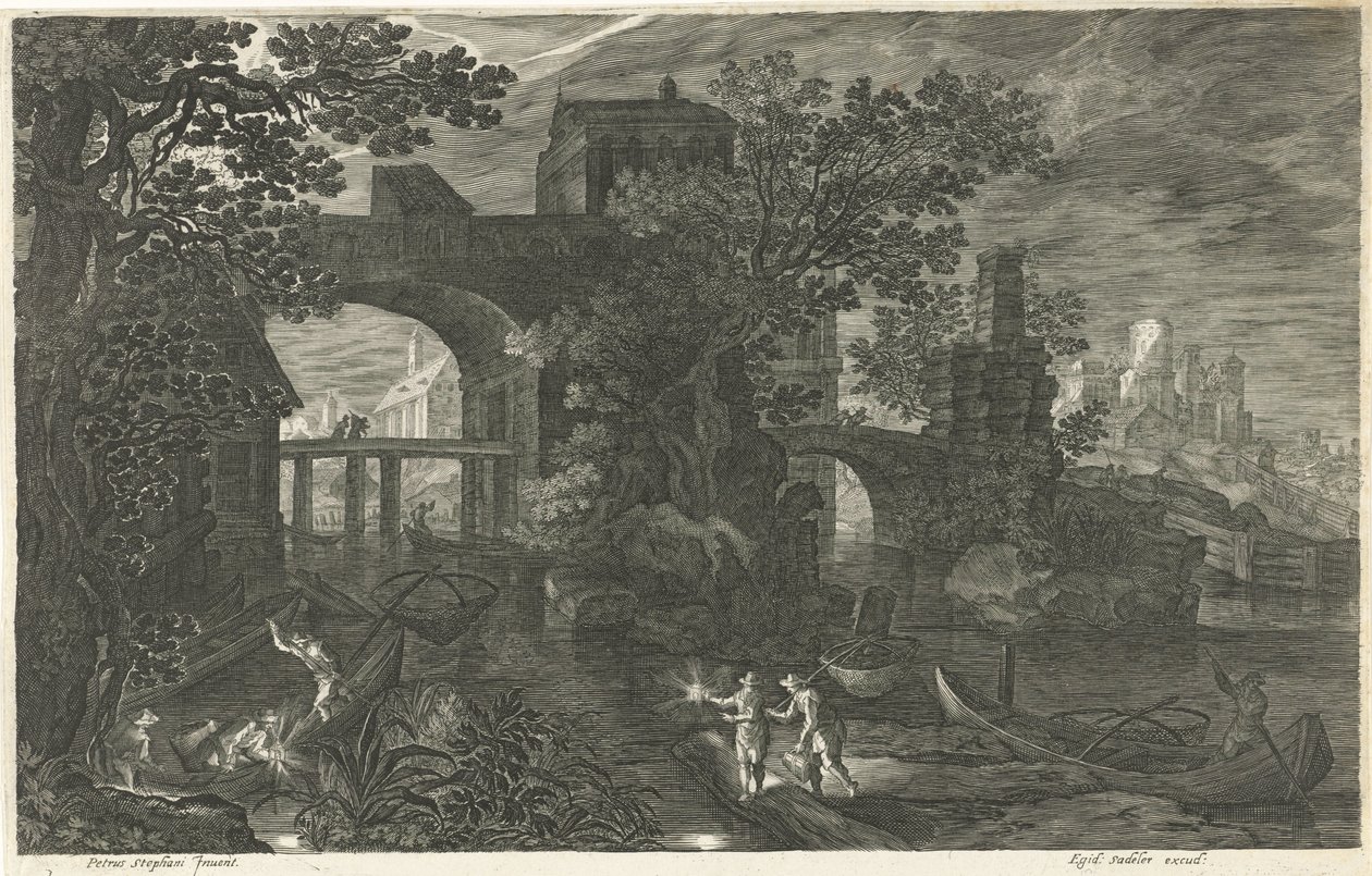 Night Scene with Fishermen on a River (series title) by Egidius  Sadeler (II)