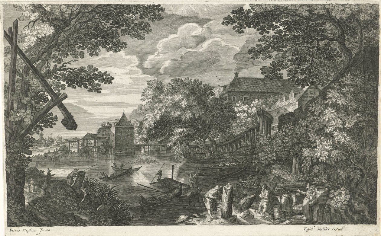 River Landscape with Fishermen and Workers by Egidius  Sadeler (II)
