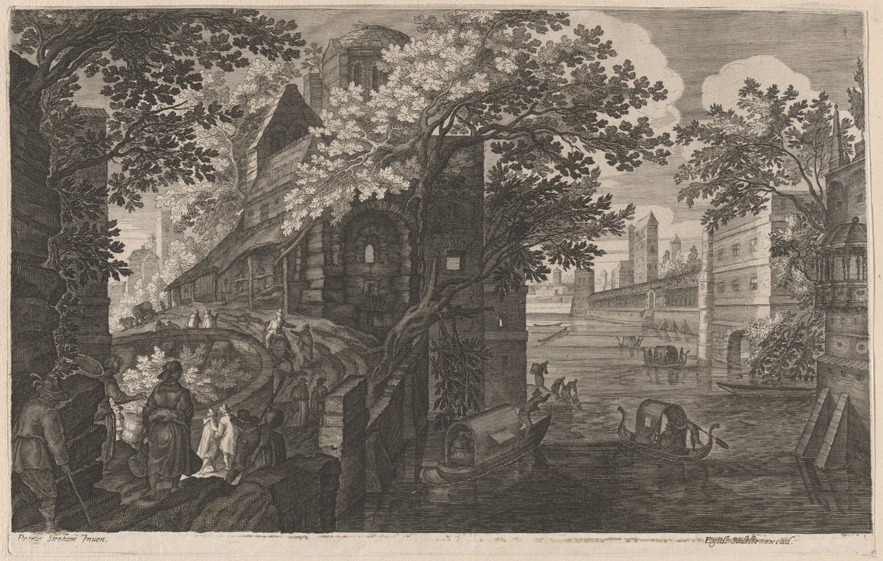 Gondolas on a River by a Palace by Aegidius Sadeler II after Pieter Stevens
