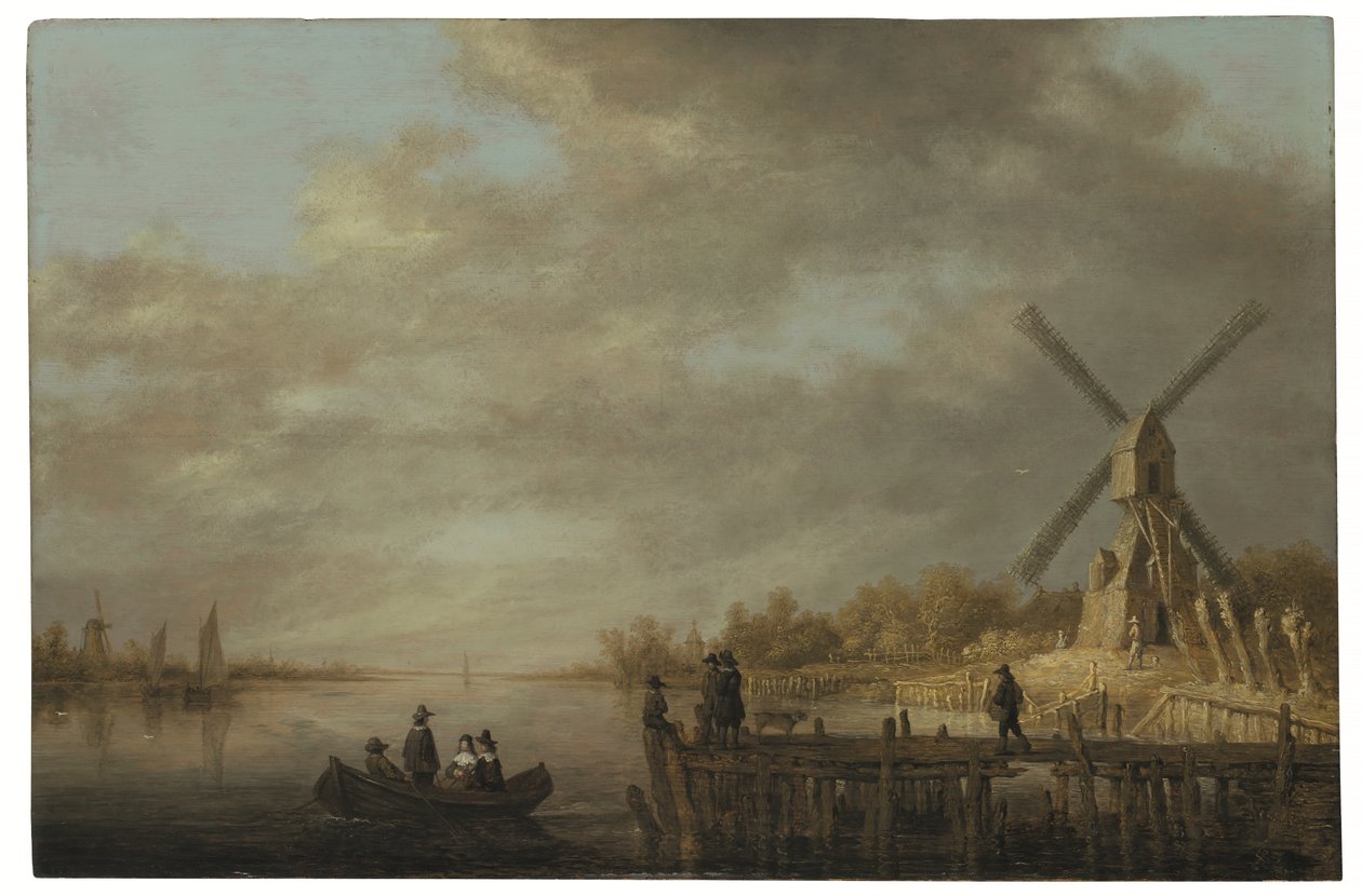 A River Landscape with a Windmill and Gentlefolk in a Rowing Boat and on a Jetty in the Foreground by Aelbert Cuyp