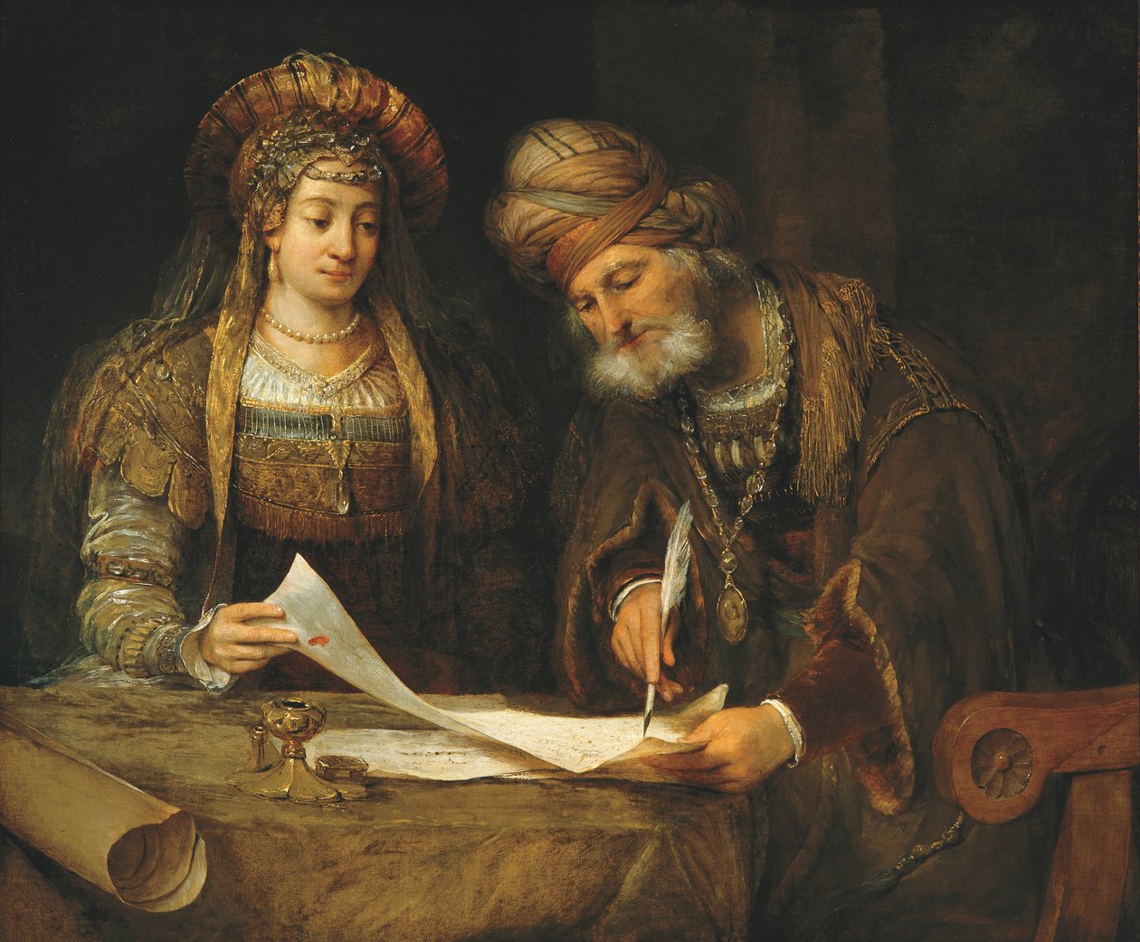 Esther and Mordecai Writing the First Letter of Purim by Aernt de Gelder