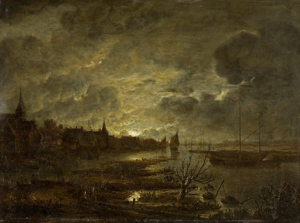 A Village on a River by Moonlight, c.1645-1700 by Aert van der Neer