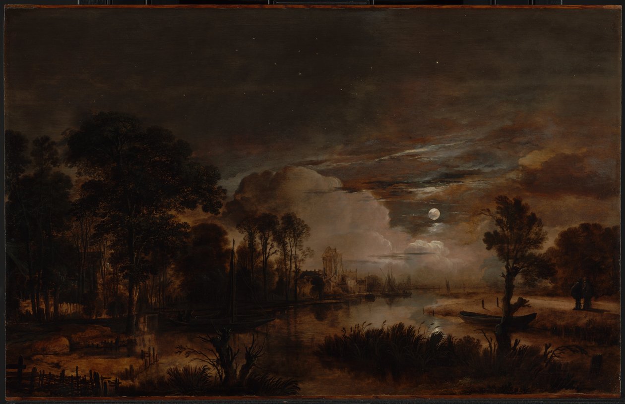 Moonlit Landscape with a View of the New Amstel River and Castle Kostverloren by Aert van der Neer
