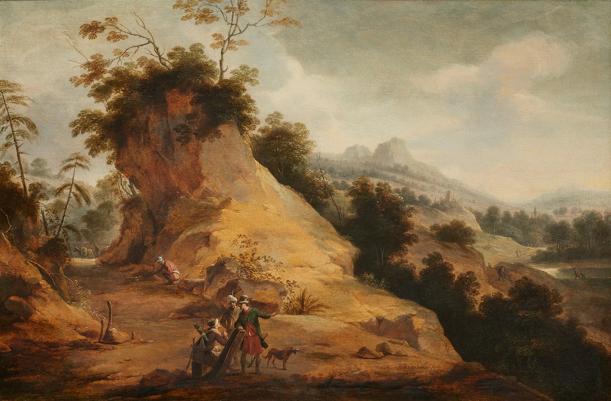 Rocky landscape with hunters wearing oriental costume, conversing on a rocky path by Aert Jansz Marienhof