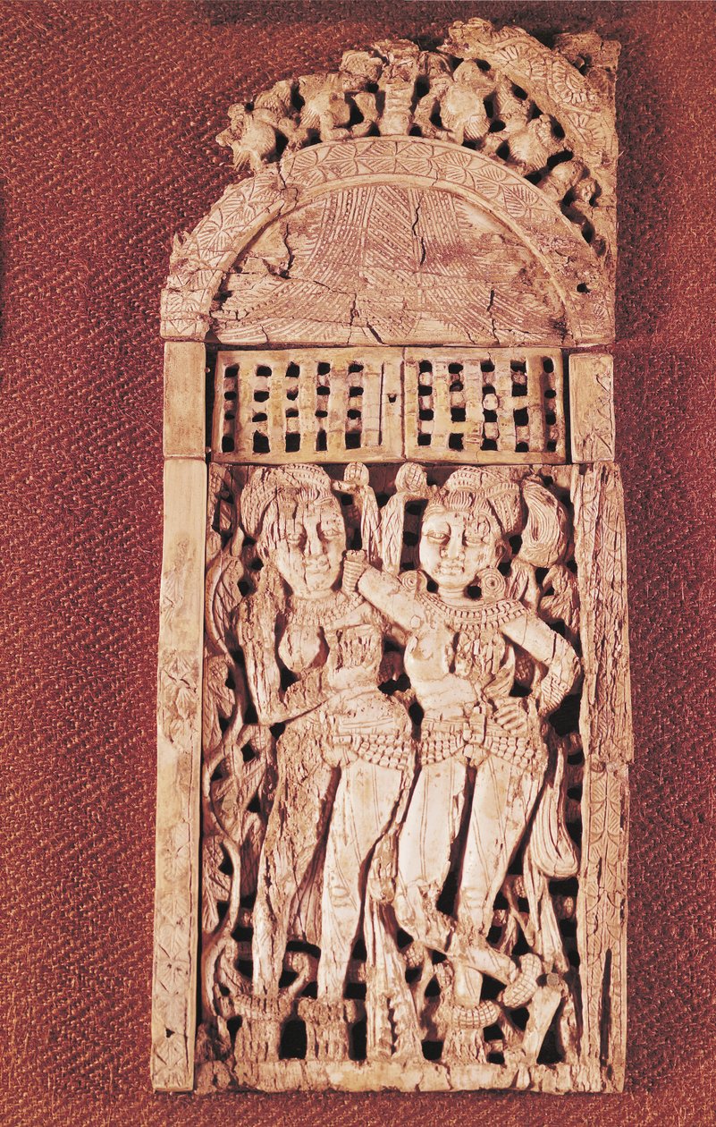 Carved Indian plaque depicting two female figures under a torana, from Begram, Afghanistan by Afghan School