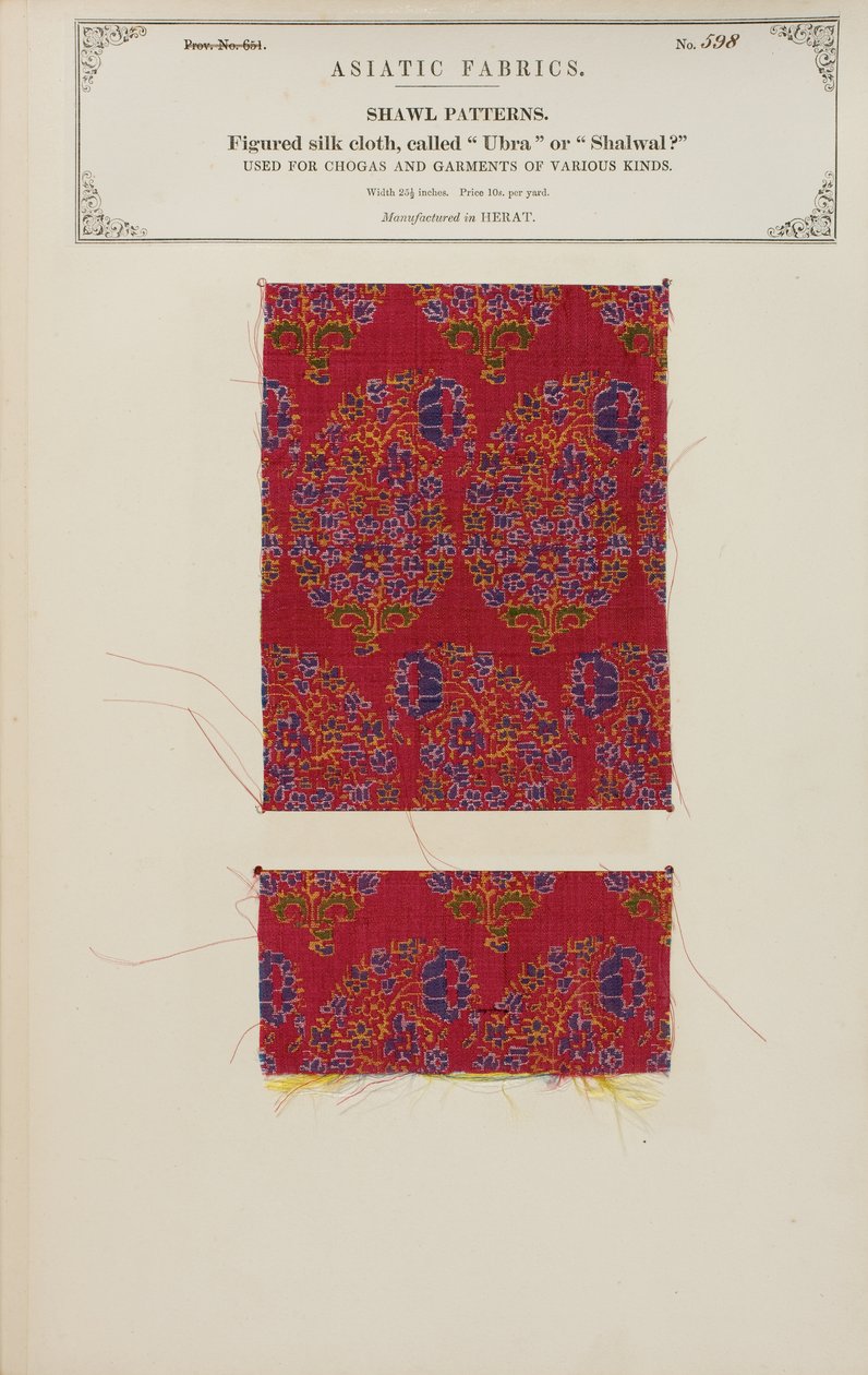 Figured silk cloth sample made in Herat, from The Collection of the Textile Manufacturers of India, by John Forbes Watson, published in 1866 by Afghan School
