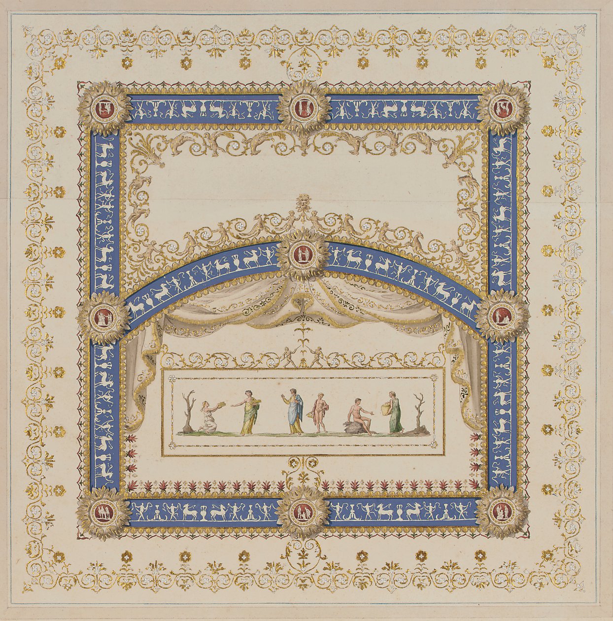 Ceiling Designs in the Antique Manner, with Central Scenes of the Gods in Friezes by Agostino (attr.) Brunias