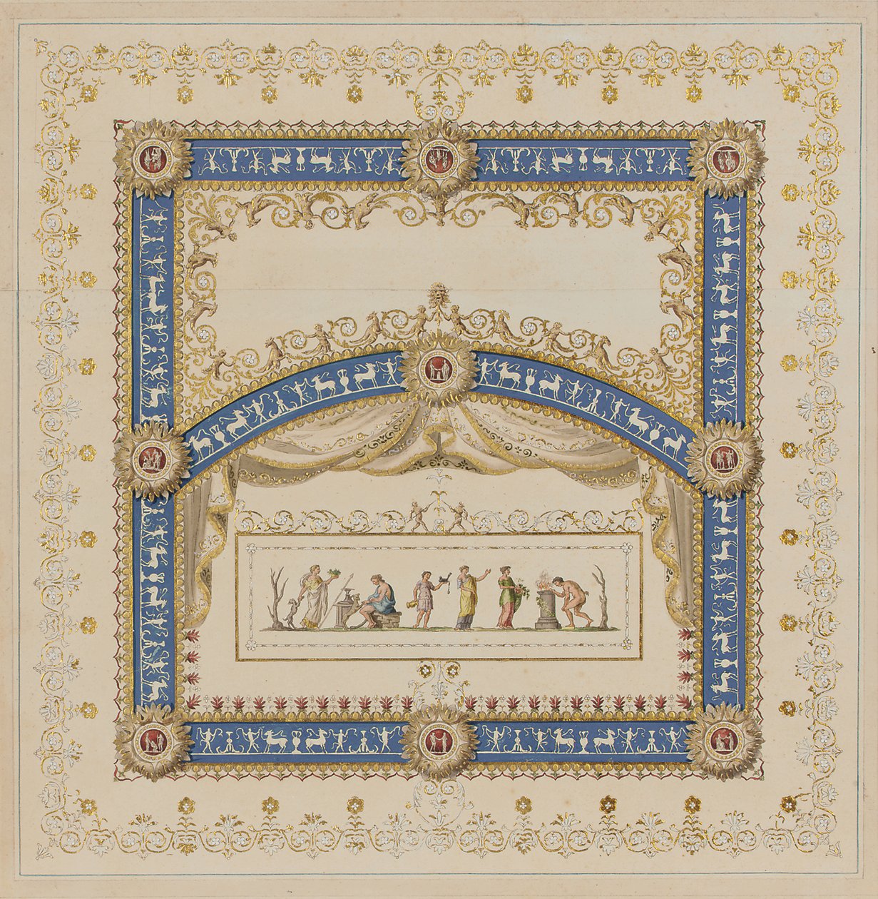 Ceiling Designs in the Antique Manner, with Central Scenes of the Gods in Friezes by Agostino (attr.) Brunias