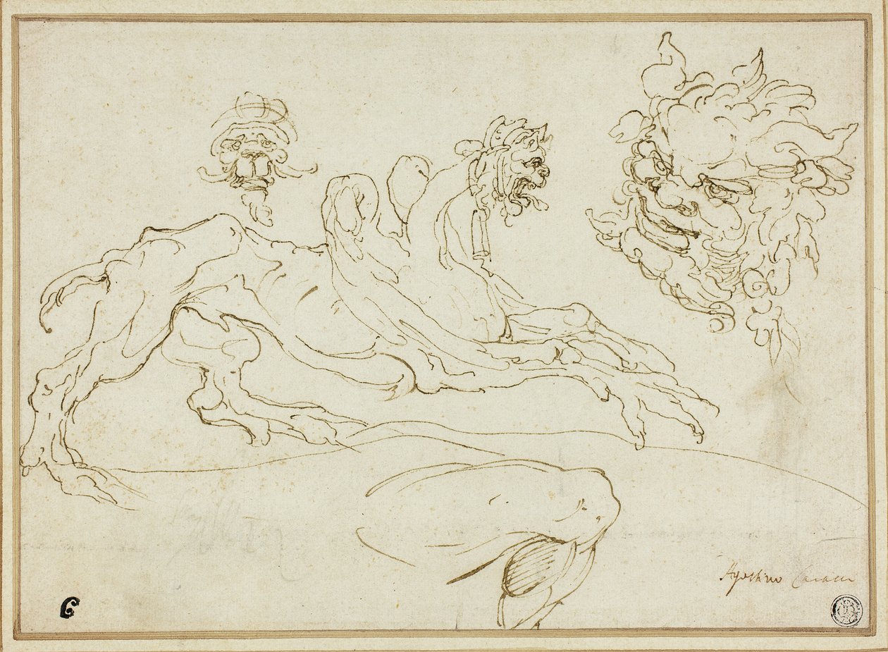 Four Sketches: Griffin, Grotesque Head, Head of Satyr, Bent Leg by Agostino Carracci
