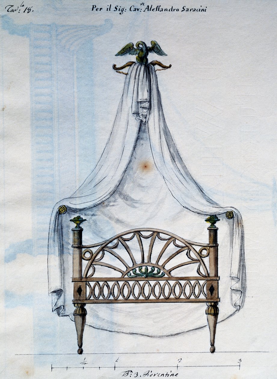 Canopy Bed for Alexander Saracens, from Lavori di Falegname e Fabbro Ideati e Disegnati da Me Agostino Fantastici, Manuscript 3, Plate 18 by Agostino Fantastici
