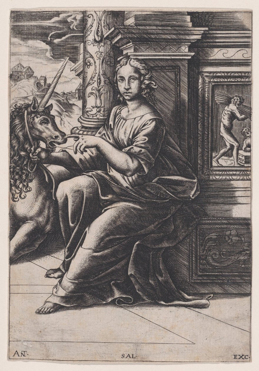 Chastity, a woman seated, a unicorn to her right by Agostino Veneziano