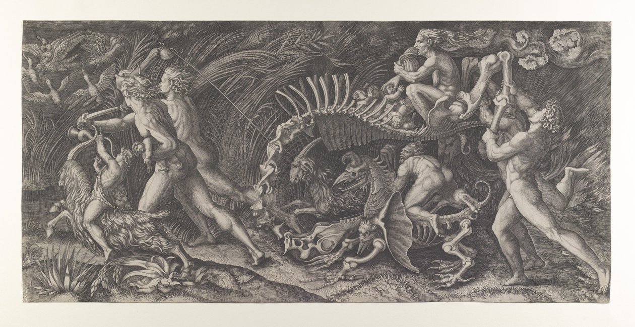 Lo Stregozzo: a female witch riding on an animal skeleton, preceded by two men by Agostino Veneziano