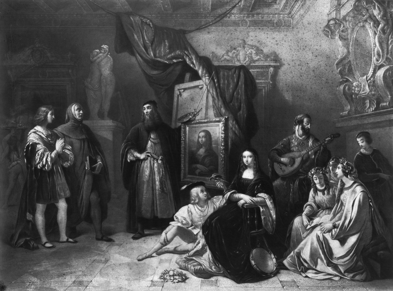 Leonardo da Vinci painting the Gioconda, engraved by Lemoine by Aimee Brune