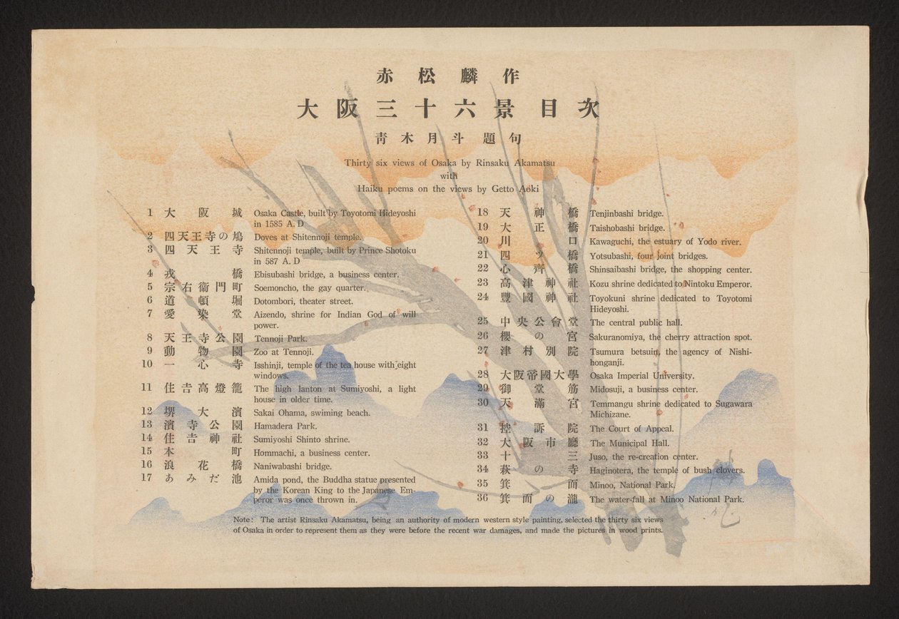 Table of Contents (Thirty-Six Views of Osaka by Rinsaku Akamatsu with Haiku Poems on the Views by Getto Aoki) by Akamatsu Rinsaku