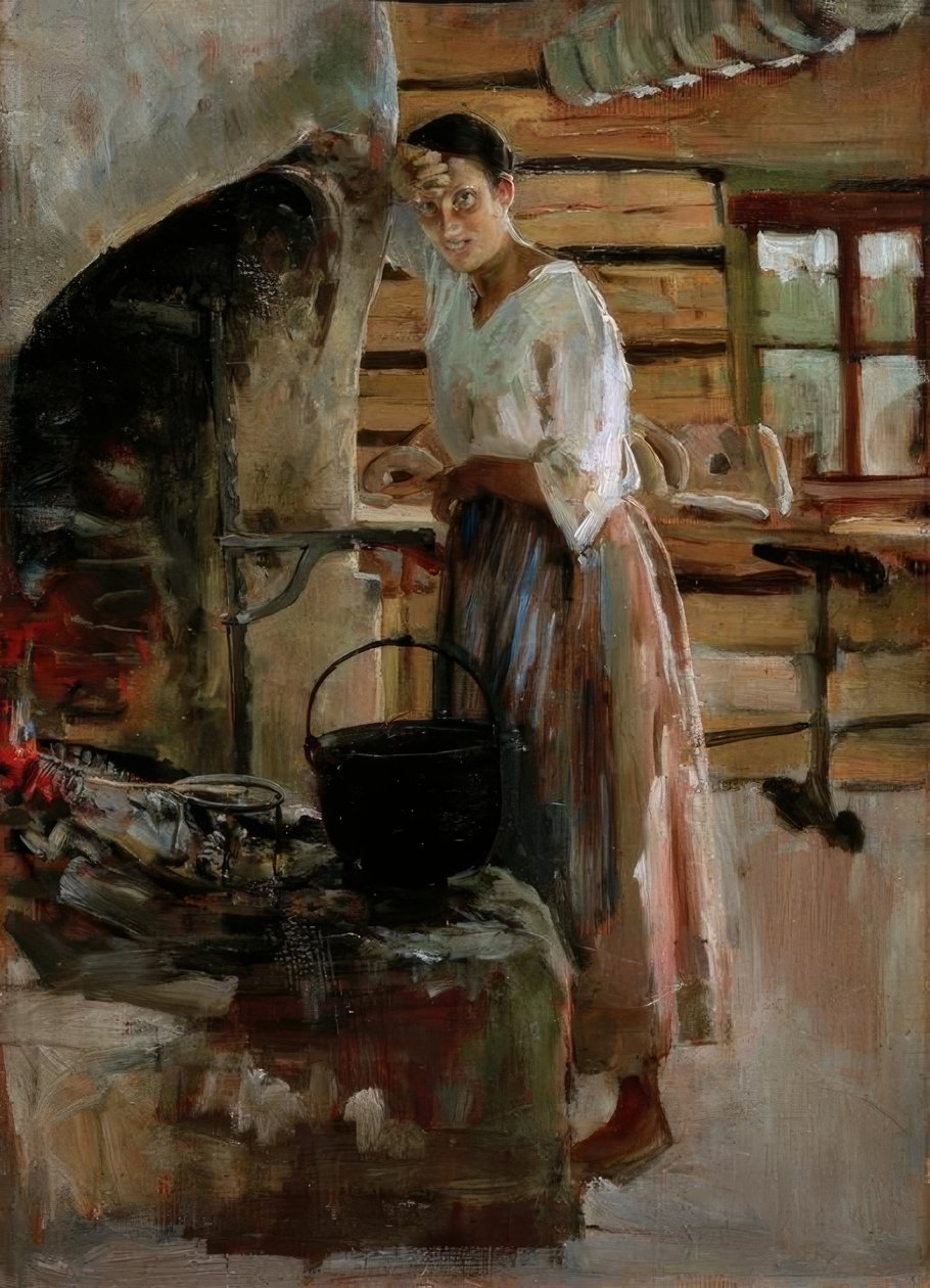 Woman Cooking Whitefish by Akseli Valdemar Gallen Kallela