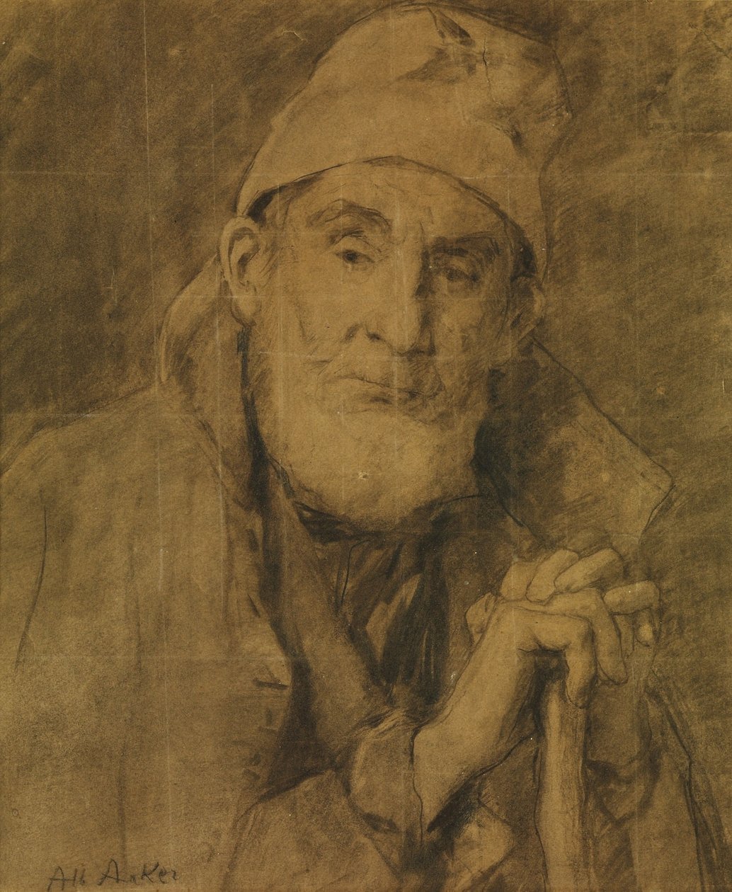 The Old Feissli with Cane and Cap by Albert Anker