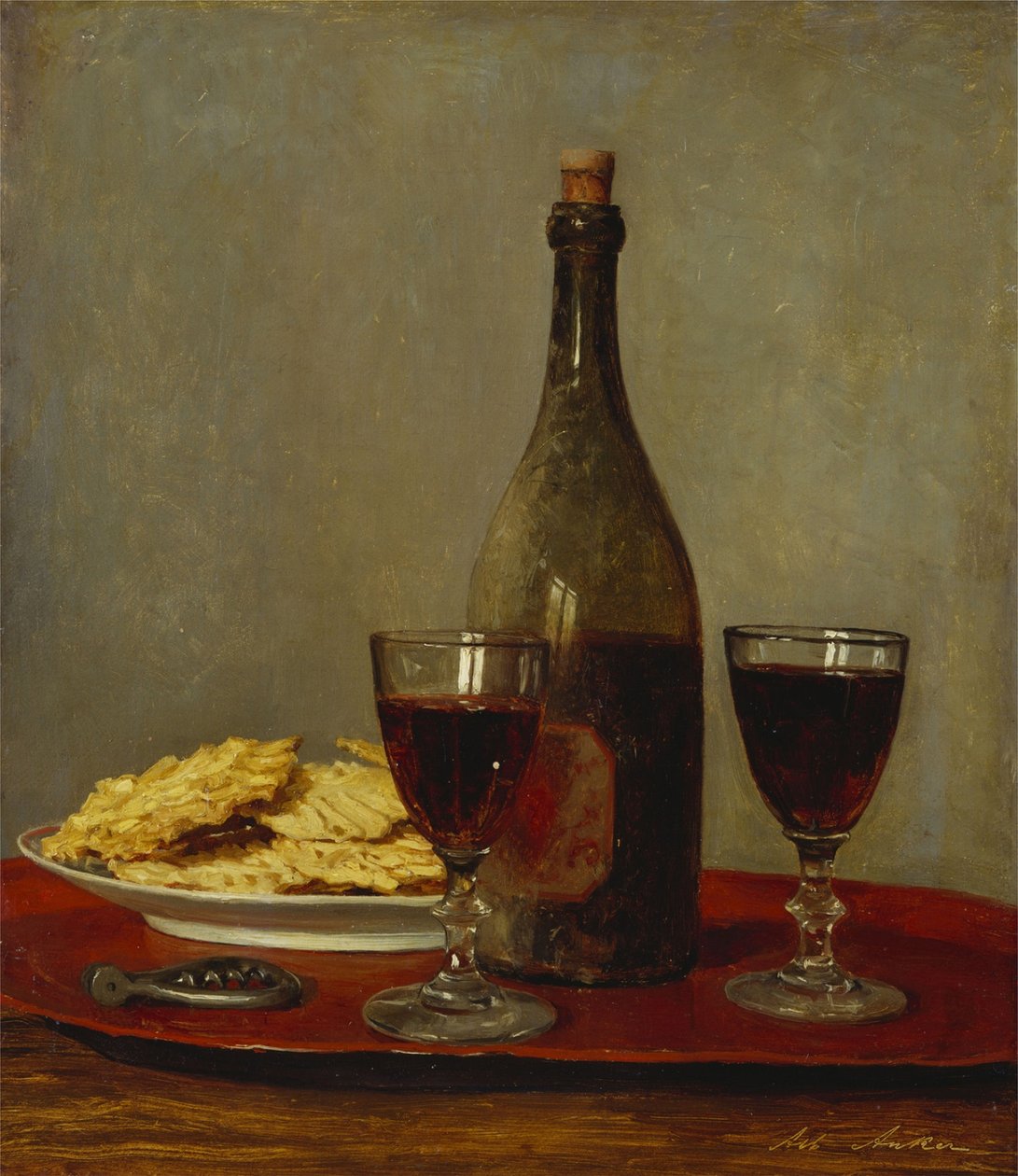 Still Life with Two Glasses of Red Wine by Albert Anker