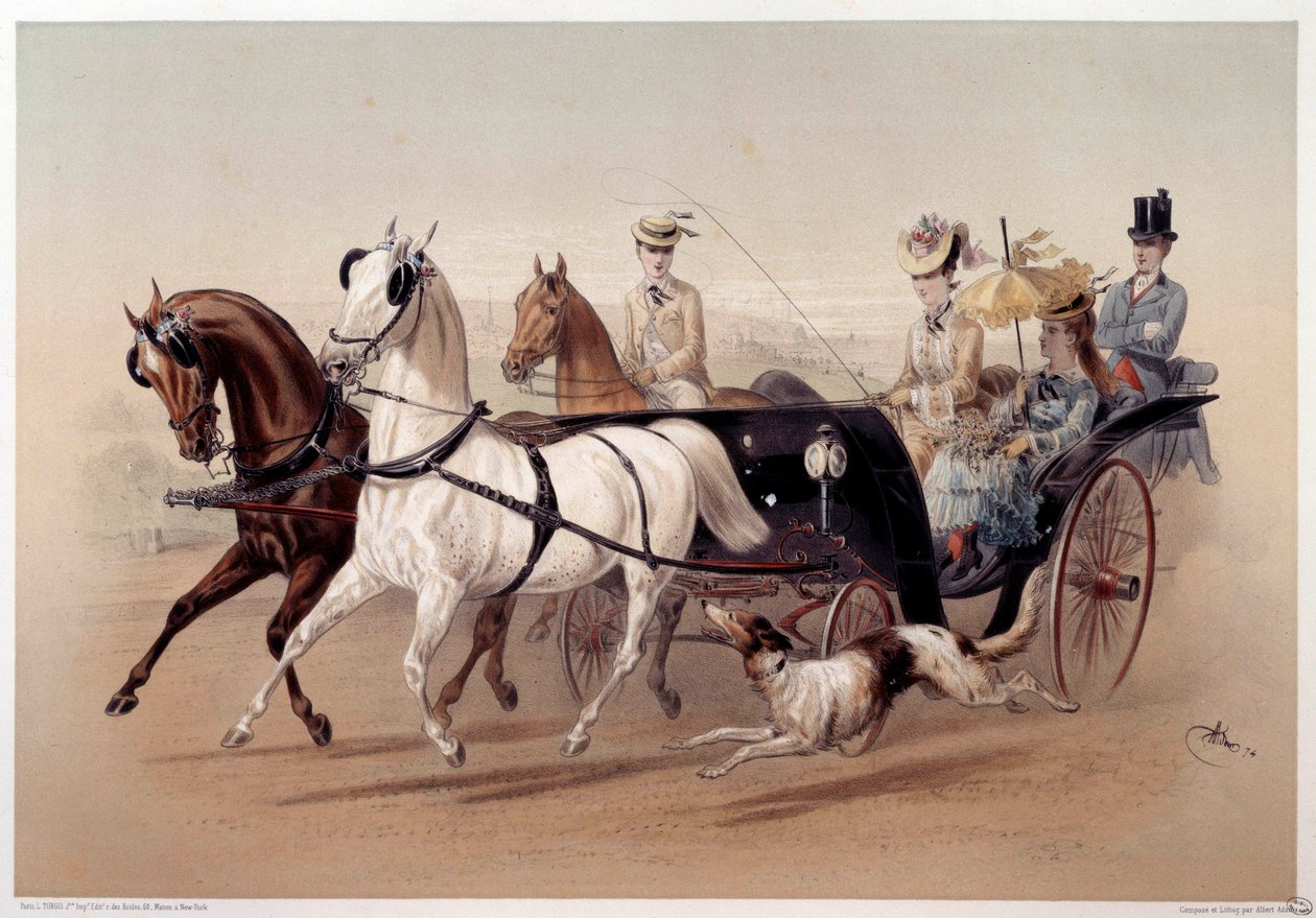 A Victoria Car and the horses of Tarbes Print by Albert Adam (1833-?) 19th century Paris, Musee Carnavalet by Albert Adam