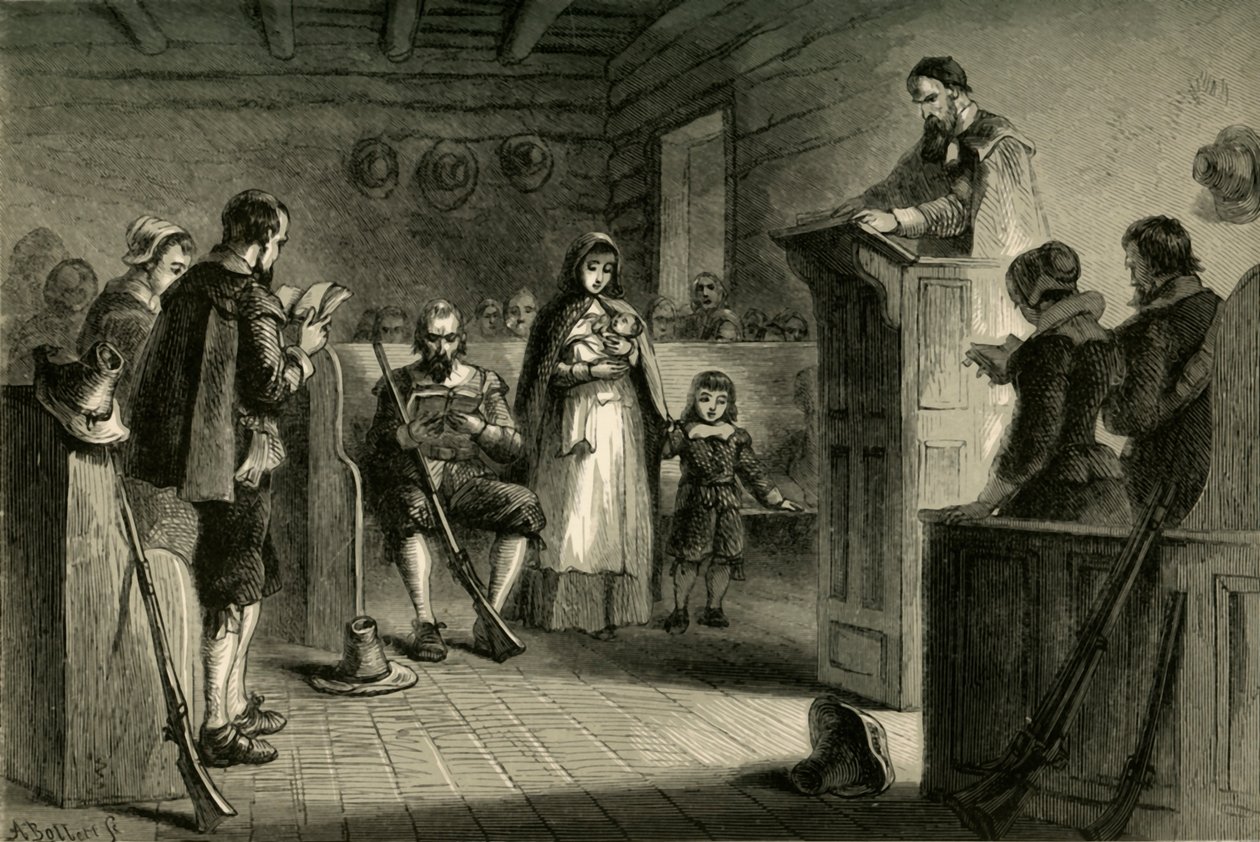 Public Worship at Plymouth by the Pilgrims by Albert Bobbett