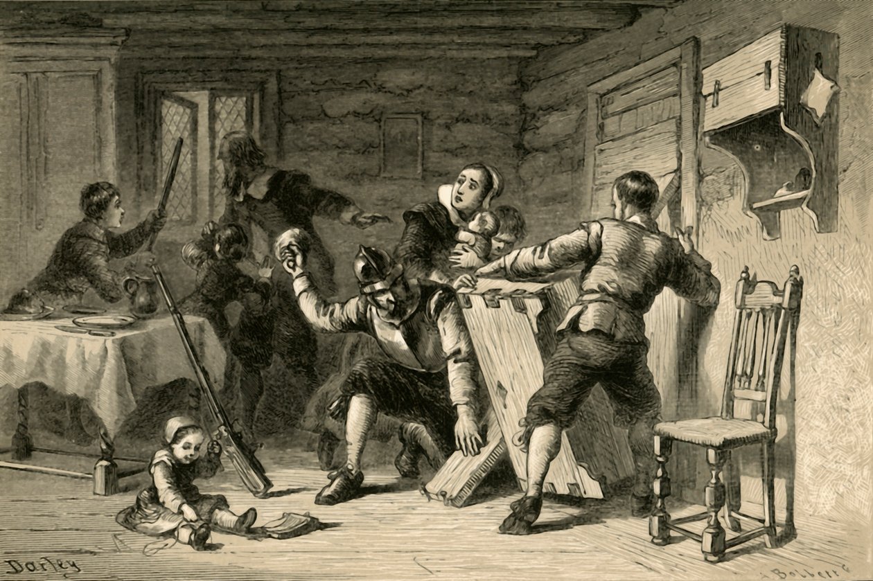 Puritans Barricading Their House Against Indians, 1877 by Albert Bobbett