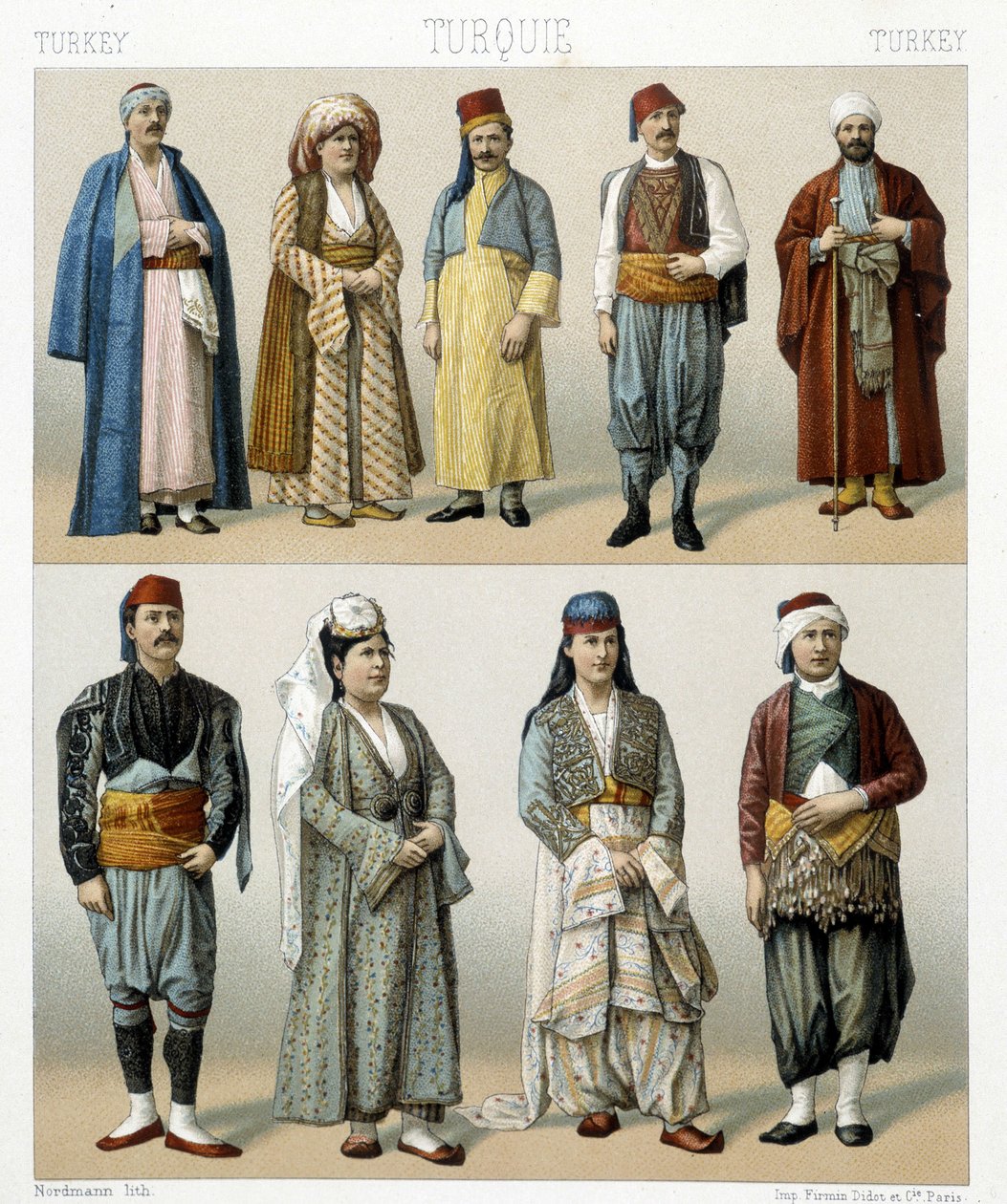 19th century Turkish costumes. Illustration in 