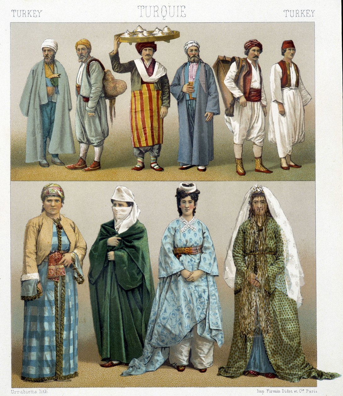 19th century Turkish costumes. Illustration in 