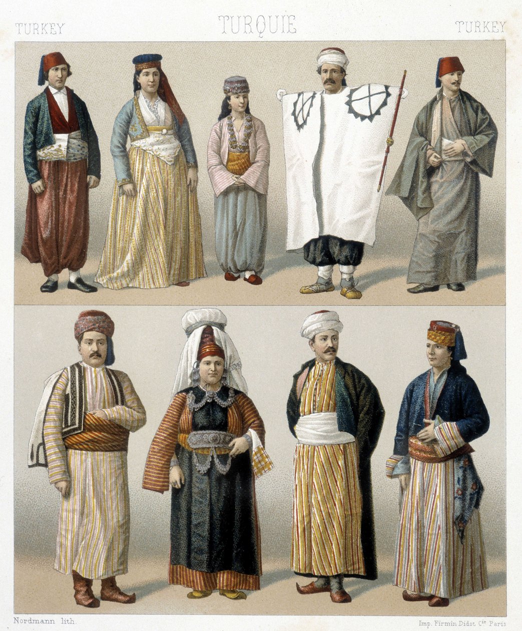 19th century Turkish costumes. Illustration in 