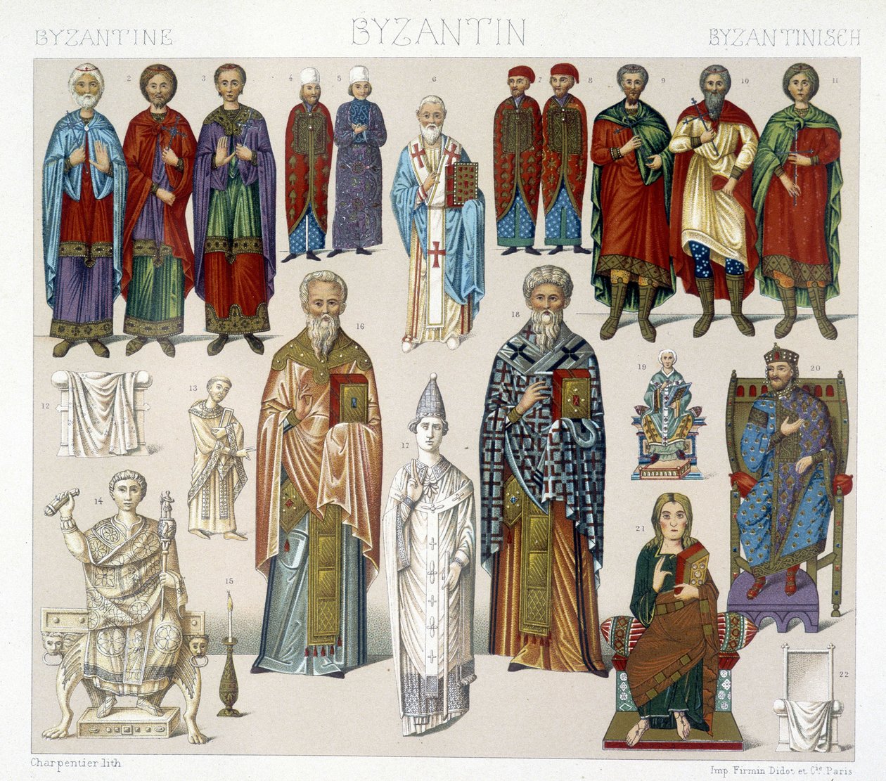 Byzantine Costumes. Illustration in The historical costume by Racinet by Albert Charles August Racinet