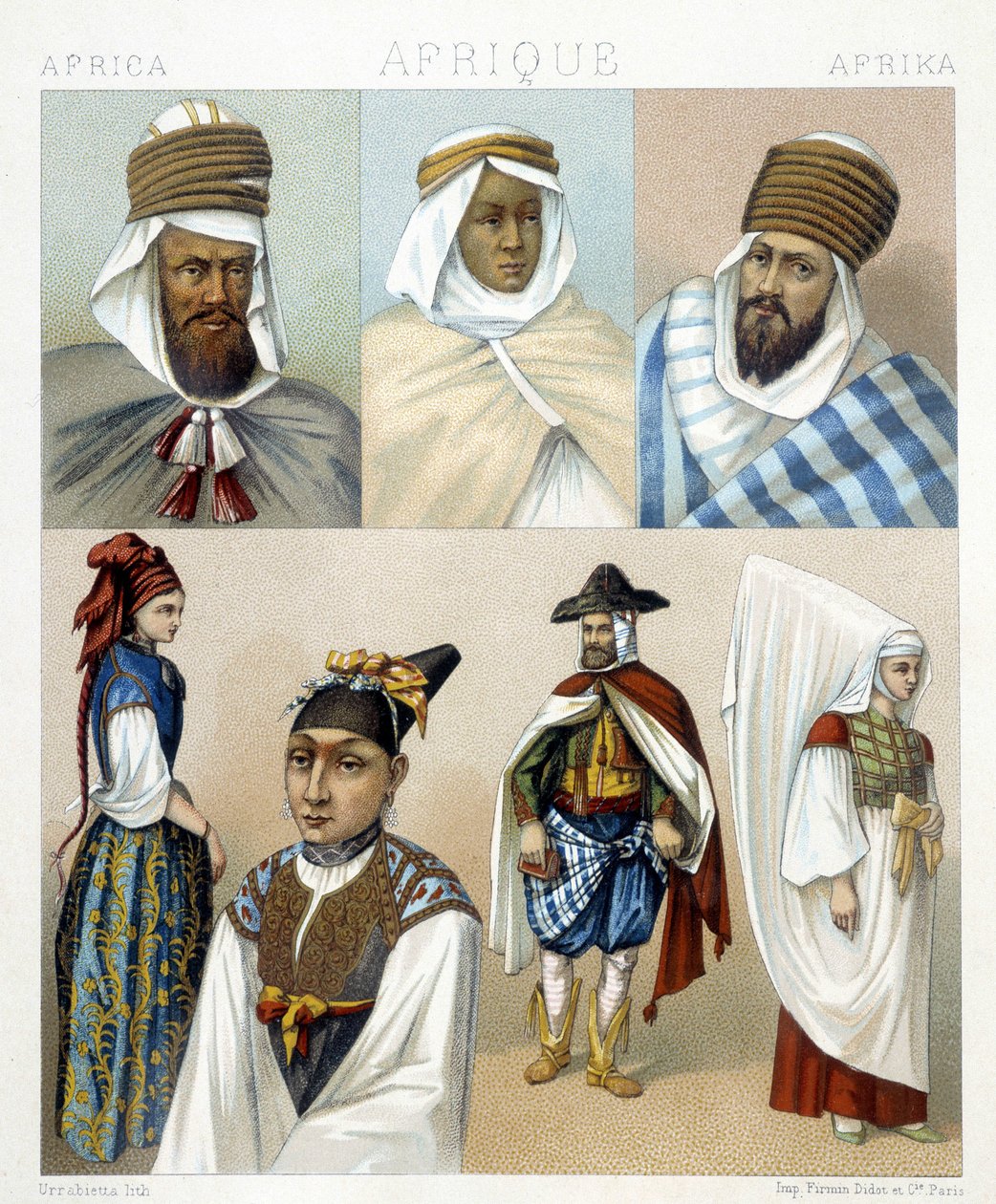 Costumes and hairstyles from Algeria. Illustration in 