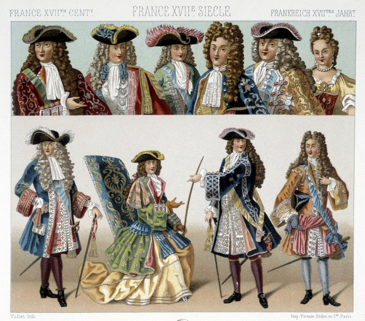 Costumes and Hairstyles of the French Nobility in the 18th Century. Illustration in 
