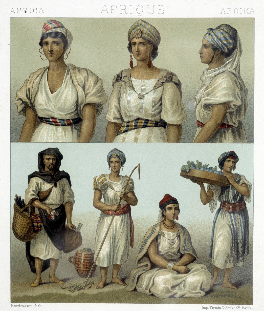 Costumes and Headdresses of Kabyl Women (Top). Tunisian and Algerian Costumes (Bottom). Illustration in 