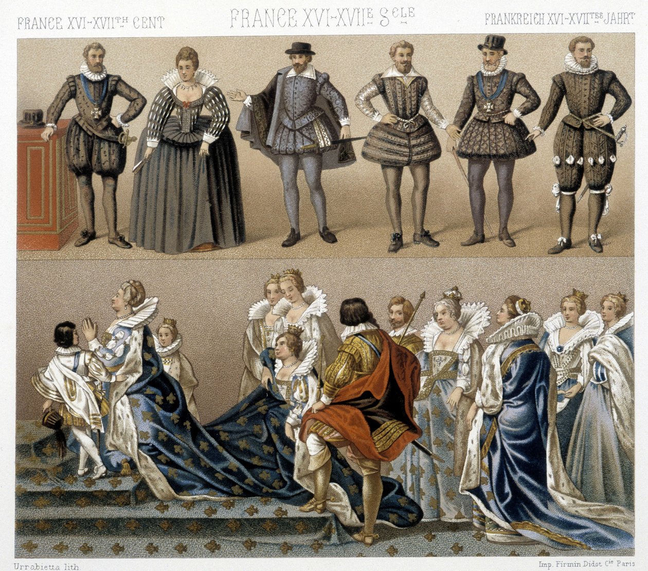 Costumes of Queen Marguerite of France (Bottom), and Henry IV (Top) in the 17th and 18th Centuries. Illustration in 