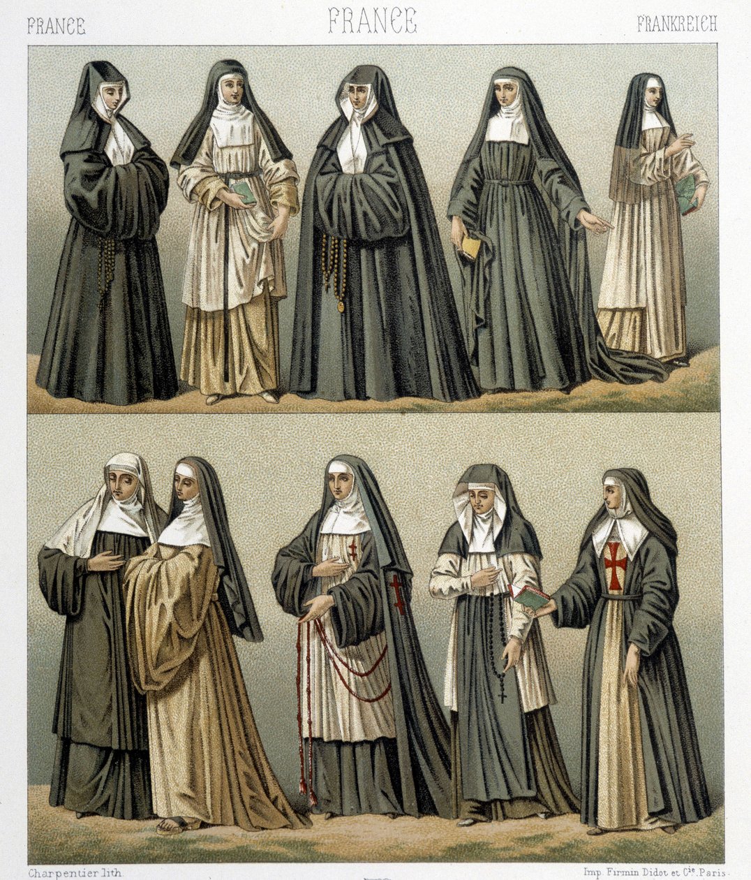 Costumes of nuns in France in the 18th century. Illustration in 