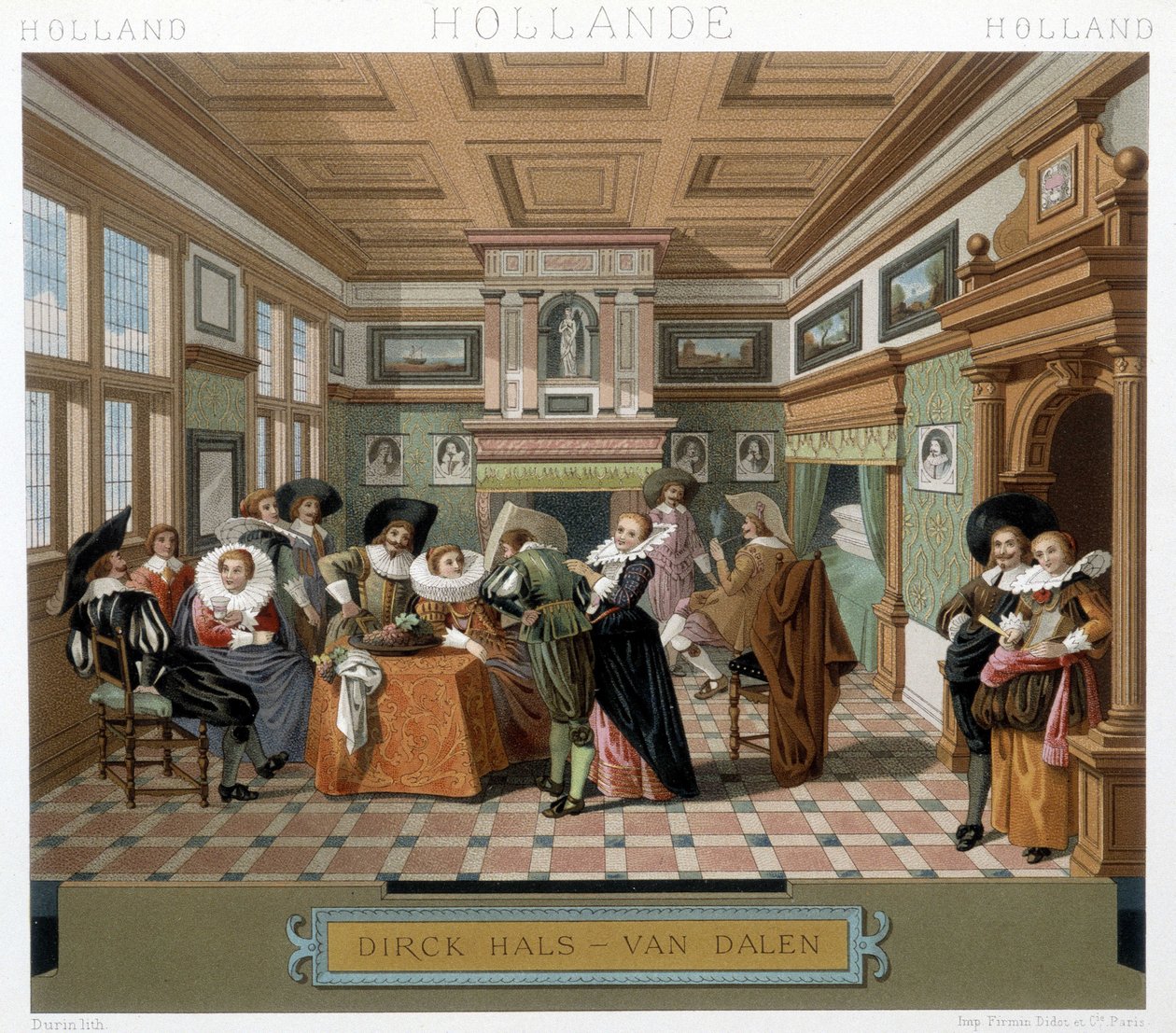 Dutch in costumes and in an 18th century interior. Illustration in 