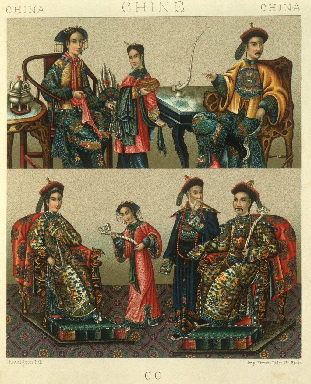 Illustration of Imperial Family of Chin; China by Albert Charles August Racinet