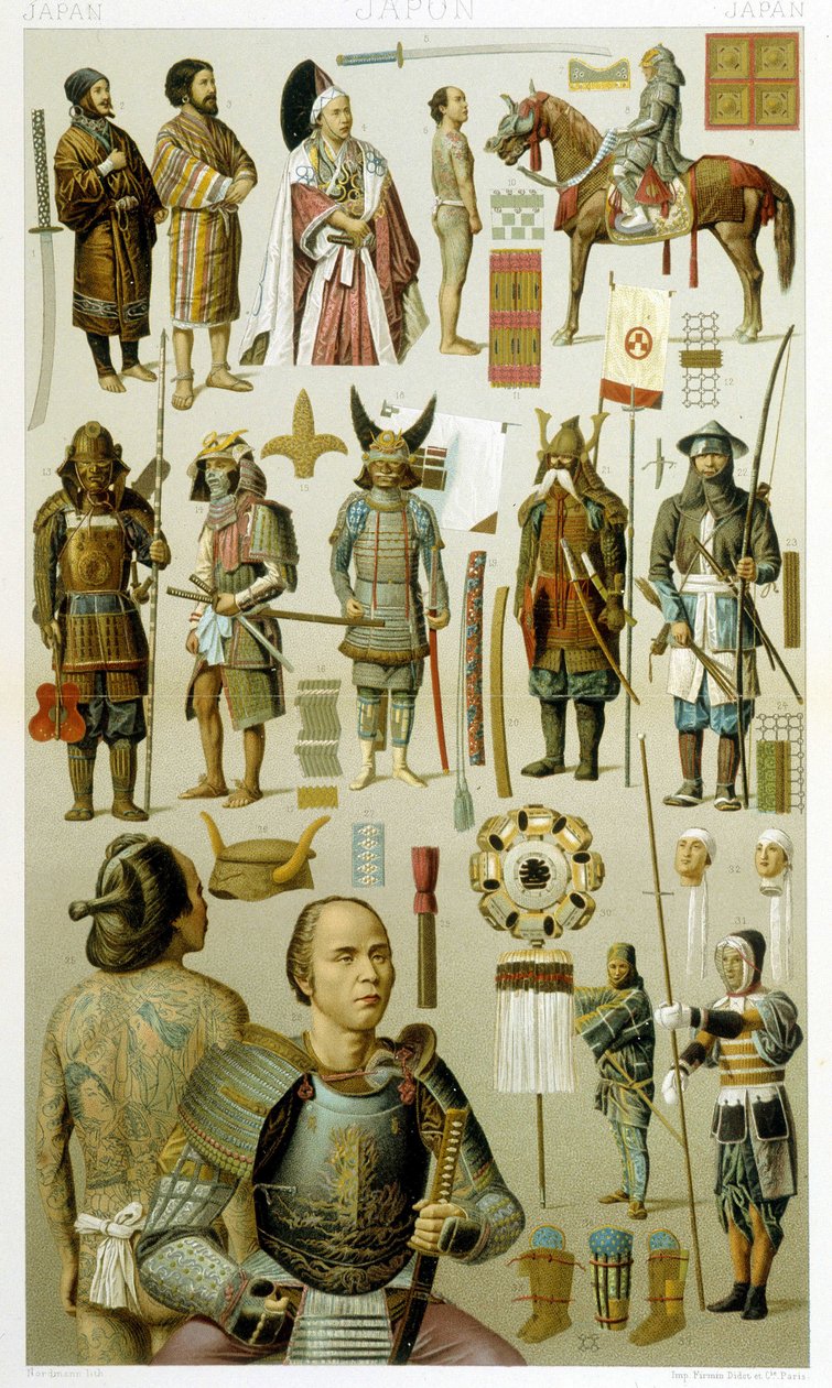 Japanese warrior costumes (samoura or yakuza). Chromolithographic plate - in 
