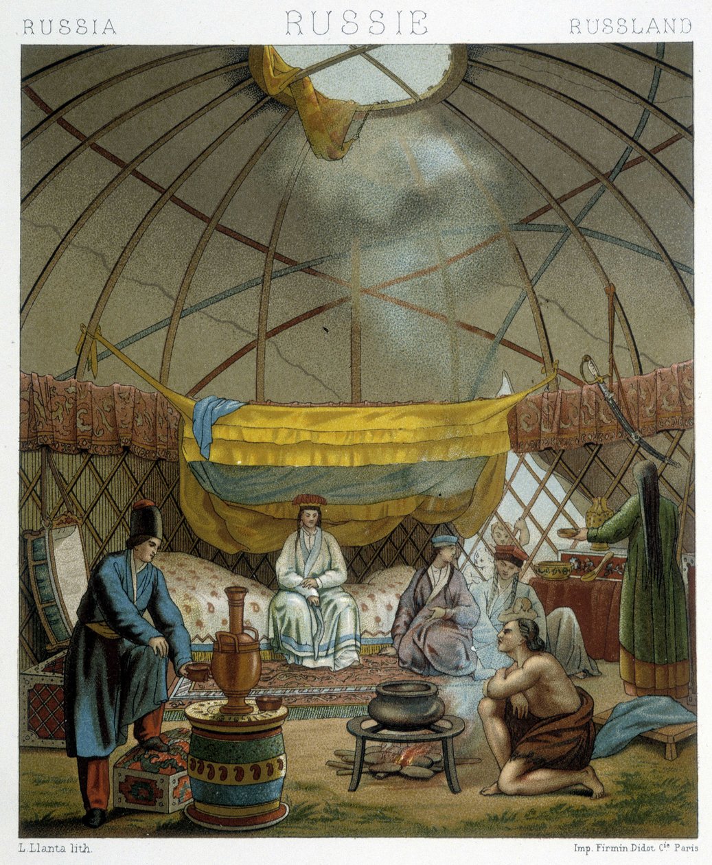Kalmyk (Russian nomads) in their yurt by Albert Charles August Racinet