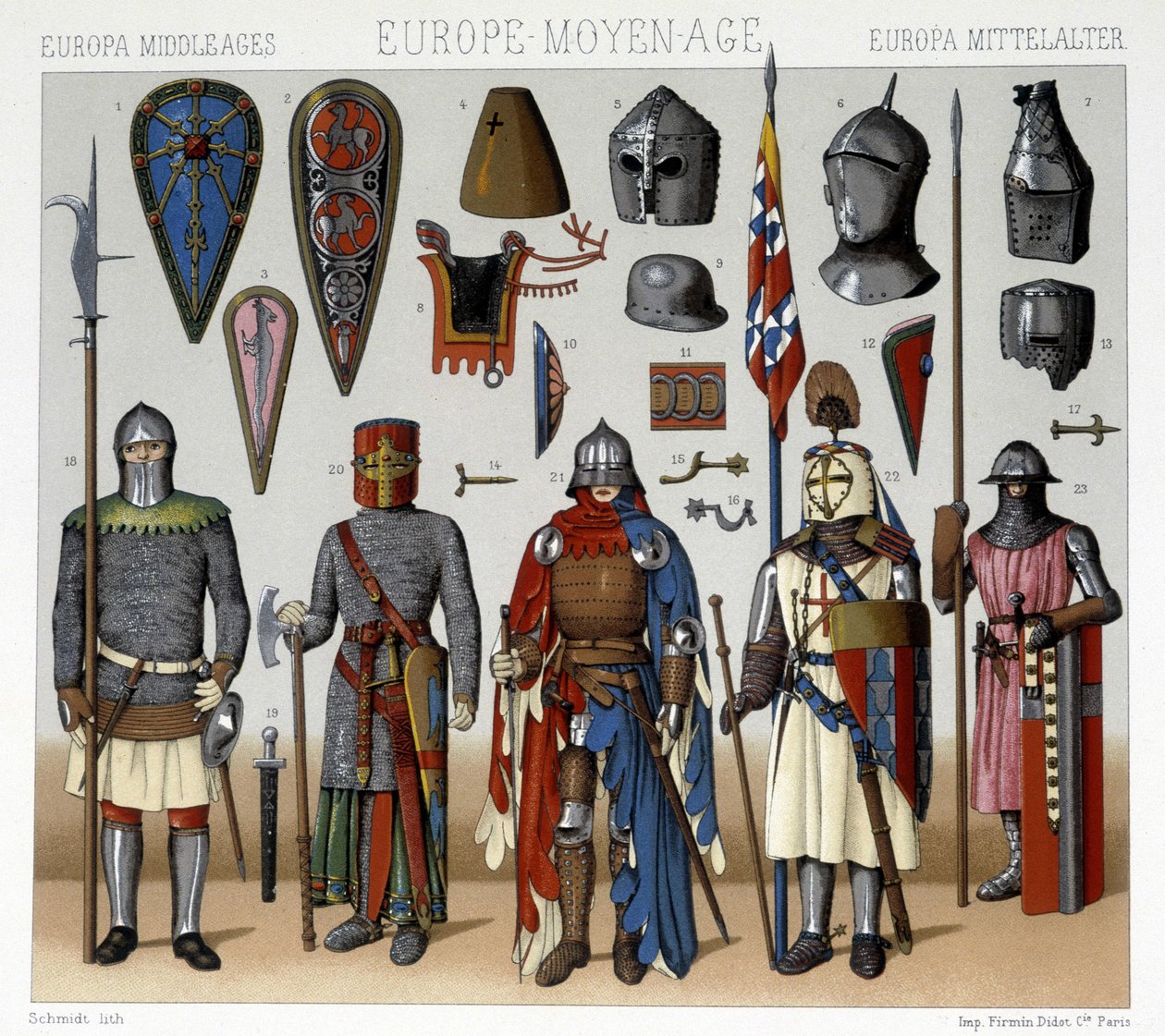 Military costumes and helmets in France from the 13th to 15th centuries. Illustration in 