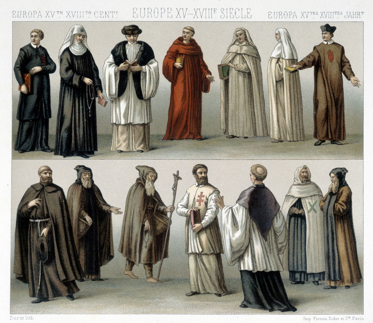 Monastic costumes in Europe from the 15th to the 18th centuries. Illustration in 