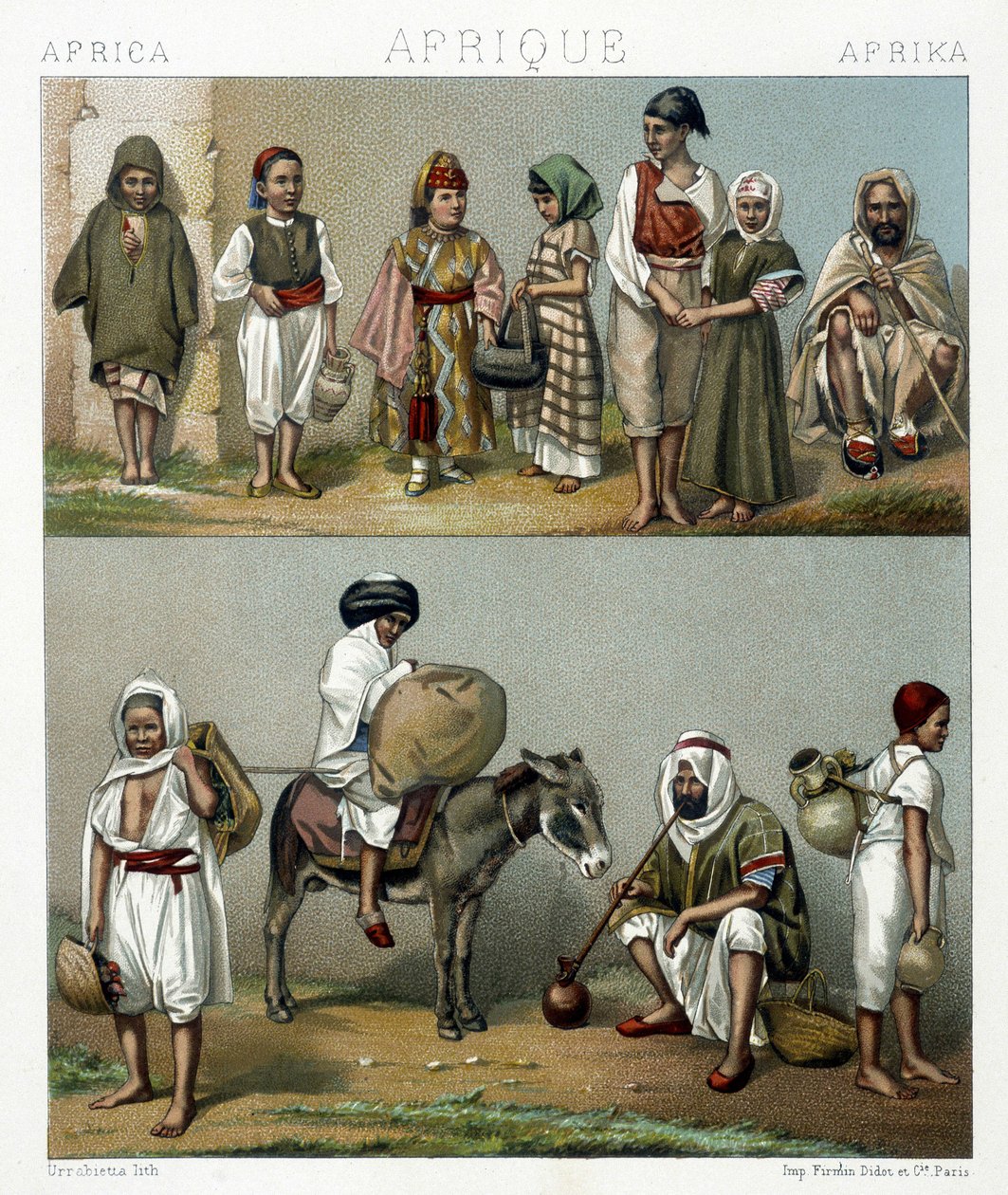 Popular Costumes from Algeria and Tunisia. Illustration in “Le Costume Historique” by Racinet by Albert Charles August Racinet