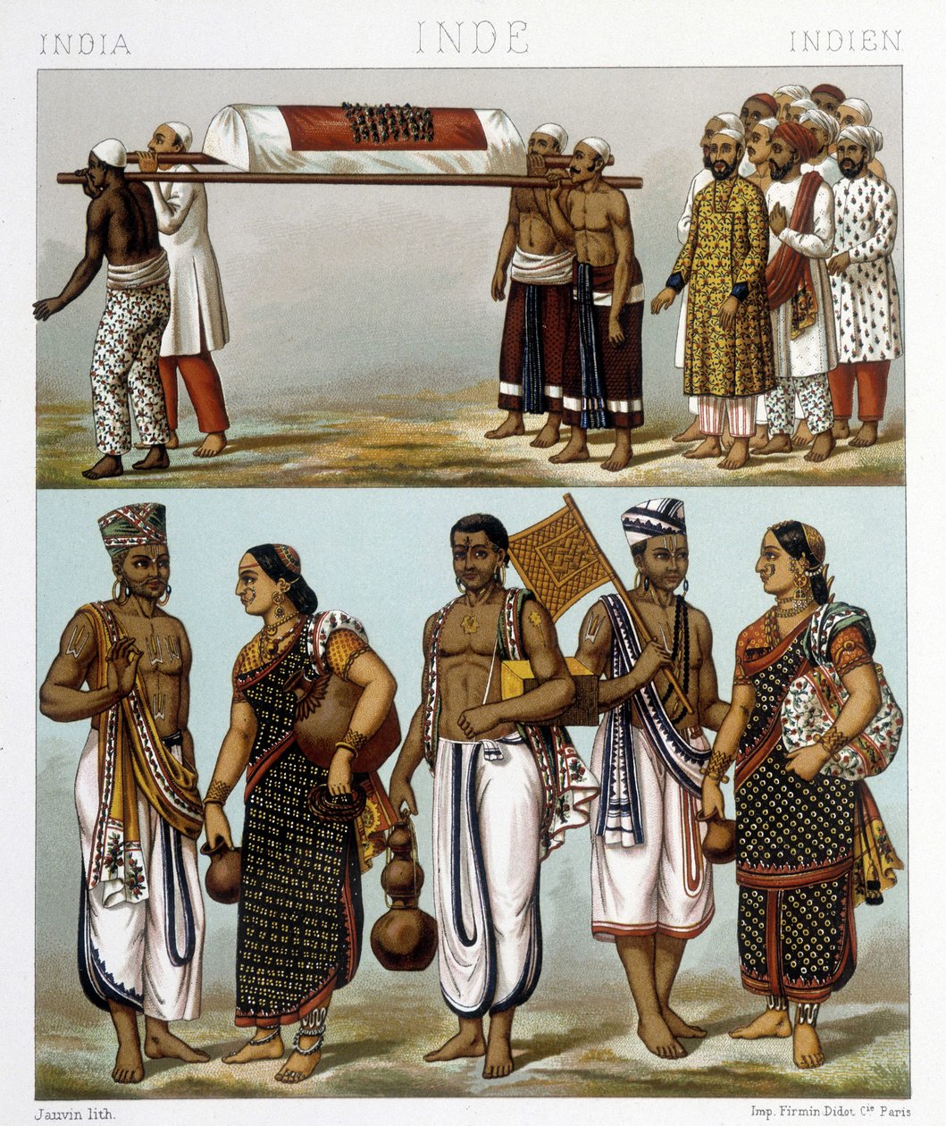 Traditional costumes of Muslims (Top) and Hindus (Bottom) living in India. Illustration in 