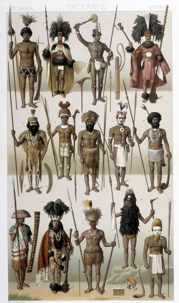 Traditional Costumes of the Indigenous People of Oceania. Illustration in 