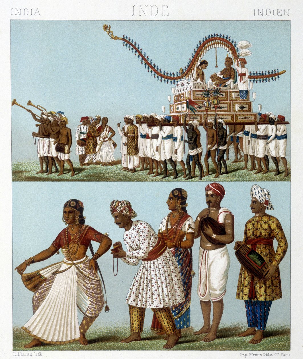 Transport, Music, Dance and Traditional Costumes of India. Illustration in 