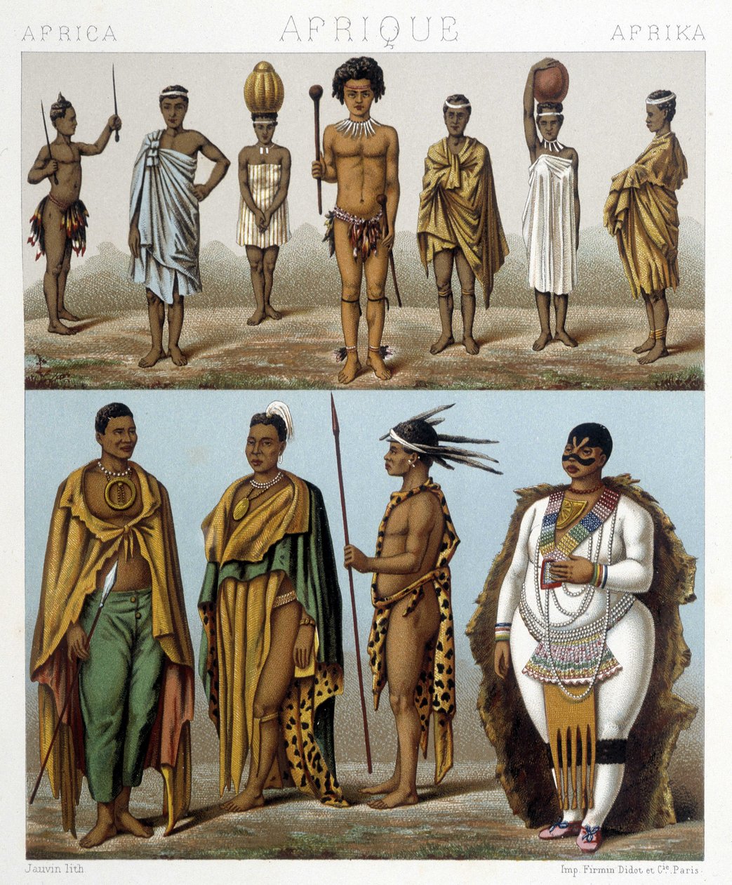 Various Men from Southern Africa. Illustration in “Le Costume Historique” by Racinet by Albert Charles August Racinet