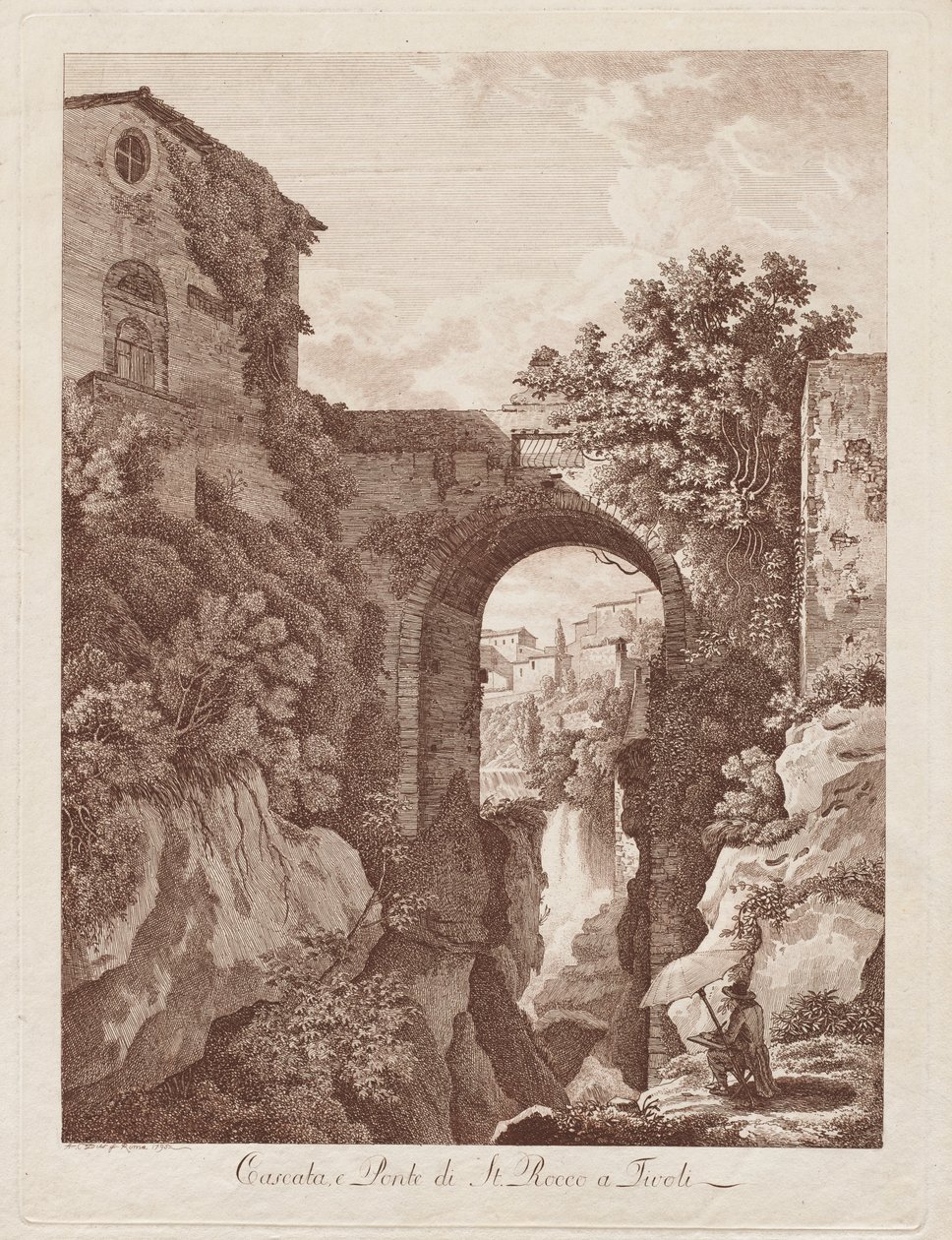 St. Rocco Waterfall and Bridge at Tivoli by Albert Christoph Dies