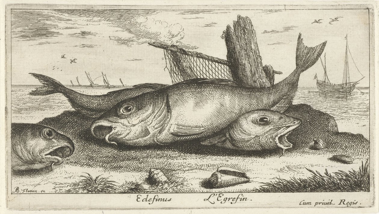 Three Haddocks on the Beach by Albert Flamen