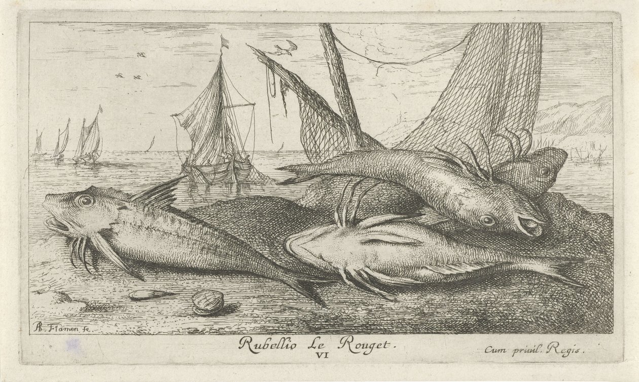 Four Red Mullets on the Beach by Albert Flamen