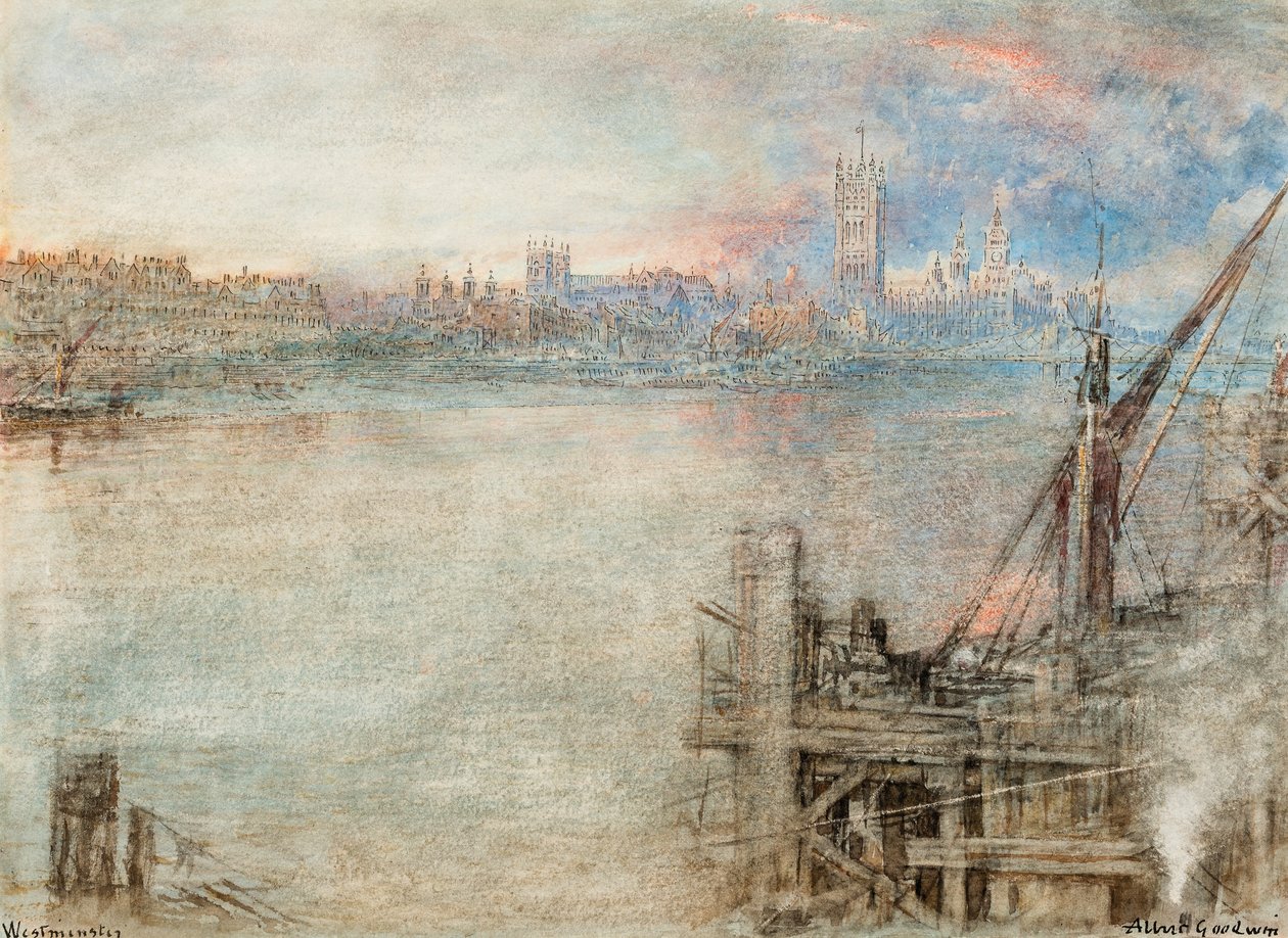 Westminster with the Houses of Parliament at sunset by Albert Goodwin