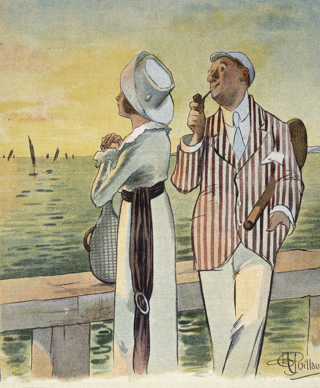Flirt at dusk - drawing by Albert Guillaume (1873-1942), in Le Rire, August 1912 by Albert Guillaume